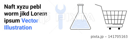 E-commerce, science, tools, experimentation, shopping, industrial concepts. Wrench, flask cart displayed side by side. E-commerce and science for versatile 141705163