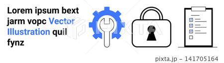 Cybersecurity, system maintenance, secure login, data protection, task management, workflow. A gear with wrench, lock and checklist icons together. Cybersecurity and system maintenance visuals Cybersecurity, system maintenance, secure login, data protection, task management, workflow. A gear with wrench, lock and checklist icons together. Cybersecurity and system maintenance visuals 141705164