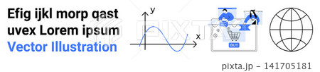 E-commerce, data analysis, global connectivity, online shopping, tech communication, vector art. Graph with curve and axes, cart with people globe outline. E-commerce and data analysis concept E-commerce, data analysis, global connectivity, online shopping, tech communication, vector art. Graph with curve and axes, cart with people globe outline. E-commerce and data analysis concept 141705181