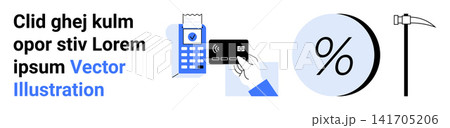 Banking, payment solutions, e-commerce, finance, retail, transaction systems. Credit card terminal, hand holding a card percentage symbol and pickaxe graphic. Banking and payment solutions concept Banking, payment solutions, e-commerce, finance, retail, transaction systems. Credit card terminal, hand holding a card percentage symbol and pickaxe graphic. Banking and payment solutions concept 141705206