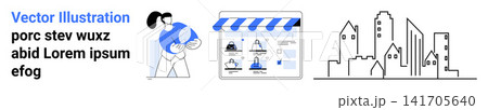 Online shopping, digital marketplaces, urban planning, business strategy, retail, technology. Woman holding a shopping item, digital storefront interface city skyline outline. E-commerce and digital Online shopping, digital marketplaces, urban planning, business strategy, retail, technology. Woman holding a shopping item, digital storefront interface city skyline outline. E-commerce and digital 141705640