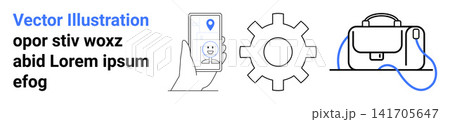 Digital apps, workplace productivity, mechanical systems, business tools, navigation, app interfaces. Phone with location, gear and bag icon. Digital apps and workplace productivity Digital apps, workplace productivity, mechanical systems, business tools, navigation, app interfaces. Phone with location, gear and bag icon. Digital apps and workplace productivity 141705647
