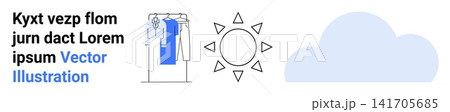 Laundry care, weather forecast, climate symbols, drying clothes, outdoor drying, household chores. Clothes drying on a rack with a sun and cloud icon. Laundry care and weather forecast Laundry care, weather forecast, climate symbols, drying clothes, outdoor drying, household chores. Clothes drying on a rack with a sun and cloud icon. Laundry care and weather forecast 141705685