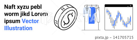Economic analysis, financial investment, e-commerce, market trends, currency exchange, online transactions. Coin with dollar sign, hanging clothes and stock market graph. Economic analysis Economic analysis, financial investment, e-commerce, market trends, currency exchange, online transactions. Coin with dollar sign, hanging clothes and stock market graph. Economic analysis 141705715
