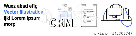 Business management, CRM tools, data organization, cloud storage, task tracking, productivity. CRM logo with cloud, checklist and business bag. Business management and CRM tools concept Business management, CRM tools, data organization, cloud storage, task tracking, productivity. CRM logo with cloud, checklist and business bag. Business management and CRM tools concept 141705747