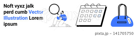 Business planning, event management, online shopping, scheduling, research, organization. A person with a magnifier, a calendar and a shopping bag. Business planning and event management 141705750