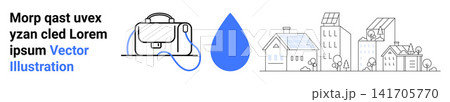 Renewable energy, smart technologies, eco-living, hydration, water management, urban planning. A smart device, water droplet and eco-friendly cityscape. Renewable energy and smart technologies Renewable energy, smart technologies, eco-living, hydration, water management, urban planning. A smart device, water droplet and eco-friendly cityscape. Renewable energy and smart technologies 141705770