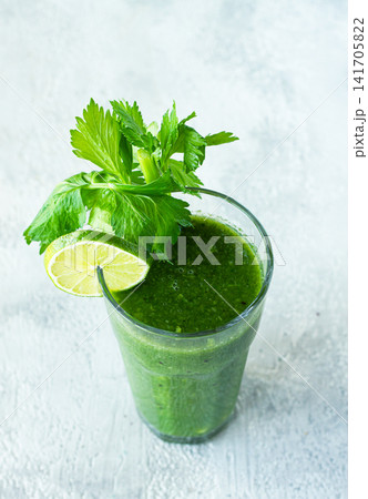 glass with green smoothie, celery and spinach, apple and kiwi, cucumber, vegetable smoothie, breakfast, homemade, no people, 141705822