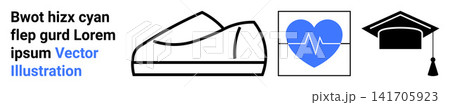 Education, healthcare, lifestyle, academic goals, wellness, fitness. A graduation cap, heartbeat graphic and casual shoe icon. Education and healthcare concepts Education, healthcare, lifestyle, academic goals, wellness, fitness. A graduation cap, heartbeat graphic and casual shoe icon. Education and healthcare concepts 141705923