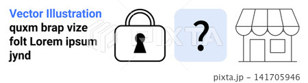 Cybersecurity, online privacy, user authentication, identity verification, small business, security awareness. Padlock, question mark store icon. Cybersecurity and online privacy concept 141705946