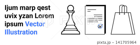 Business strategy, shopping, documentation, decision-making, retail, consumer behavior. A chess pawn, document with signature and shopping bag are displayed. Business strategy and shopping 141705964
