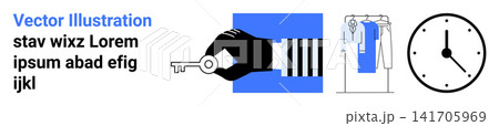 Time management, organization, key access, storage planning, work scheduling, daily routine. Vector of a hand holding a key, clothing rack clock. Time management and organization concepts Time management, organization, key access, storage planning, work scheduling, daily routine. Vector of a hand holding a key, clothing rack clock. Time management and organization concepts 141705969