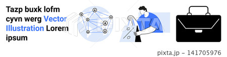 Networking, business technology, data analysis, communication, teamwork, corporate solutions. are a network diagram, a professional analyzing data and a business briefcase. Networking and business 141705976