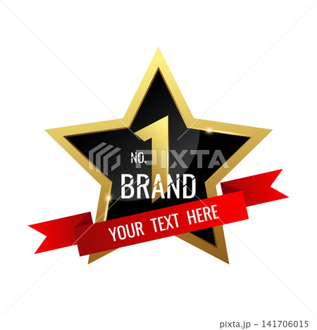 Number one brand gold star award with red ribbon. Winner or champion product template. Vector illustration Number one brand gold star award with red ribbon. Winner or champion product template. Vector illustration 141706015