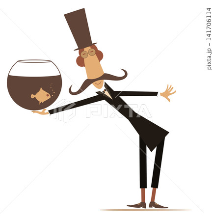 Cartoon man holds a fishbowl. Funny long mustache person in the top hat holds aquarium with goldfish Cartoon man holds a fishbowl. Funny long mustache person in the top hat holds aquarium with goldfish 141706114