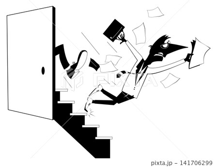 A conflict in business or politics. Man is given a kick to the buttocks and falls down the stairs A conflict in business or politics. Man is given a kick to the buttocks and falls down the stairs 141706299