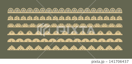 Delicate lace border with scalloped edges and floral pattern. Elegant trim design perfect for wedding invitations, boho decorations, or vintage textile projects. Delicate lace border with scalloped edges and floral pattern. Elegant trim design perfect for wedding invitations, boho decorations, or vintage textile projects. 141706437