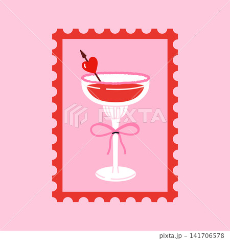 Postage stamp with cocktail glass with heart decoration and ribbon bow. Cute Valentine's Day stamp design. Romantic postal sticker. Love themed philatelic. Vector illustration in flat cartoon style Postage stamp with cocktail glass with heart decoration and ribbon bow. Cute Valentine's Day stamp design. Romantic postal sticker. Love themed philatelic. Vector illustration in flat cartoon style 141706578