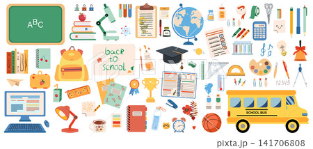 Large back to school vector collection with classroom supplies, backpack, books, globe, microscope, school bus, stationery, science, art tools, education icons, and learning essentials Large back to school vector collection with classroom supplies, backpack, books, globe, microscope, school bus, stationery, science, art tools, education icons, and learning essentials 141706808