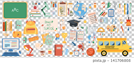 Large back to school vector collection with classroom supplies, backpack, books, globe, microscope, school bus, stationery, science, art tools, education icons, and learning essentials Large back to school vector collection with classroom supplies, backpack, books, globe, microscope, school bus, stationery, science, art tools, education icons, and learning essentials 141706808