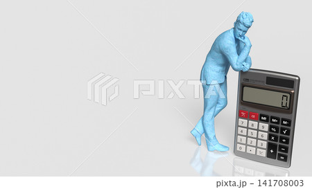 Thoughtful Businessman Planning Finances Beside Giant Calculator 3d render. Thoughtful Businessman Planning Finances Beside Giant Calculator 3d render. 141708003