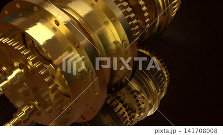 Golden Industrial Gears Powering Advanced Mechanical Technology 3d render. Golden Industrial Gears Powering Advanced Mechanical Technology 3d render. 141708008