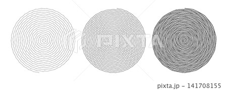 Set of three hand-drawn circular spiral line art shapes with concentric swirling rings in varying stroke weights isolated on white background Set of three hand-drawn circular spiral line art shapes with concentric swirling rings in varying stroke weights isolated on white background 141708155
