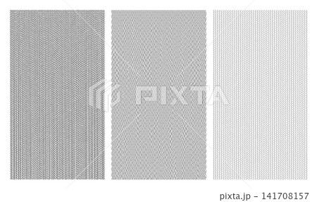 Collection of three black and white abstract vertical wavy zigzag and crosshatch fine line pattern textures with varying densities isolated on white background Collection of three black and white abstract vertical wavy zigzag and crosshatch fine line pattern textures with varying densities isolated on white background 141708157