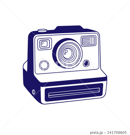Retro instant camera in hand drawn outline style isolated on white background for photography projects. Vector illustration for stickers, logos, photo branding, social media and creative projects. 141708605