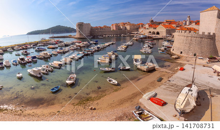 Panoramic View of Dubrovnik Old Harbor and Medieval City Walls, Croatia Panoramic View of Dubrovnik Old Harbor and Medieval City Walls, Croatia 141708731