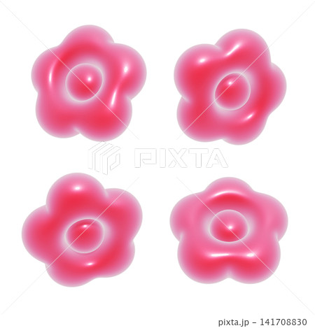 ぷっくりした光沢のある花の3Dアイコンセット。ピンクのバルーンのデコレーション素材 ぷっくりした光沢のある花の3Dアイコンセット。ピンクのバルーンのデコレーション素材 141708830