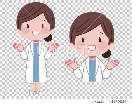 両手を広げて案内する白衣姿の女性医師イラストセット 両手を広げて案内する白衣姿の女性医師イラストセット 141708844