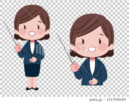 Illustration set of a female office worker (full body and upper body) explaining with a pointer stick. Illustration set of a female office worker (full body and upper body) explaining with a pointer stick. 141709049