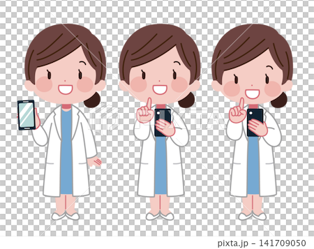 A set of illustrations of a female doctor giving instructions on using a smartphone. A set of illustrations of a female doctor giving instructions on using a smartphone. 141709050