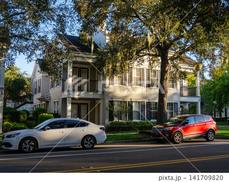 A modern residential house stands beside a quiet street shaded by large oak trees with hanging Spanish moss. Parked cars and mature landscaping create a peaceful suburban neighborhood scene. 141709820