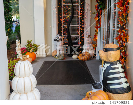 A festive front porch is decorated with pumpkins, Halloween lights, wreaths, and seasonal ornaments. Decorative dog and cat figures add a playful touch to the autumn holiday display. 141709821