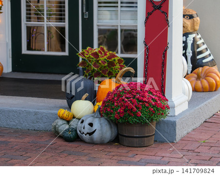 Colorful pumpkins and blooming chrysanthemums decorate the entrance of a home for Halloween and autumn. Seasonal harvest decorations create a festive and welcoming outdoor display. Colorful pumpkins and blooming chrysanthemums decorate the entrance of a home for Halloween and autumn. Seasonal harvest decorations create a festive and welcoming outdoor display. 141709824