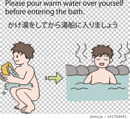 かけ湯をしてから湯船に入る人のイラスト（日・英文字入り・温泉マナー・カラー・ベクター） 141709842