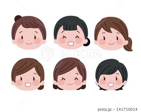 様々なヘアスタイルの若い女性の顔アイコンイラスト6種セット 141710014