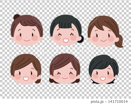 様々なヘアスタイルの若い女性の顔アイコンイラスト6種セット 141710014
