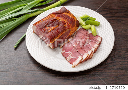 smoked Cured Pork Belly Sliced For Traditional Culinary Cooking smoked Cured Pork Belly Sliced For Traditional Culinary Cooking 141710520