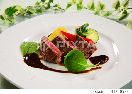 牛ステーキのグリルと彩り野菜を盛り付けた洋食プレート 牛ステーキのグリルと彩り野菜を盛り付けた洋食プレート 141710588