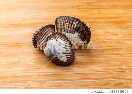 fresh raw blood clams with ridged shells in close up fresh raw blood clams with ridged shells in close up 141710695