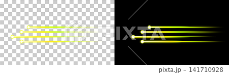 Yellow glowing horizontal speed lines, transparent background, light trail effect. Yellow glowing horizontal speed lines, transparent background, light trail effect. 141710928