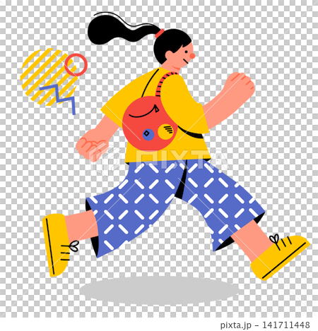 充滿活力地奔跑的年輕女性的流行彩色插圖 充滿活力地奔跑的年輕女性的流行彩色插圖 141711448