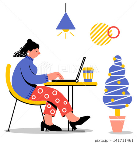 カフェでPC作業をする若い女性のポップでカラフルなイラスト カフェでPC作業をする若い女性のポップでカラフルなイラスト 141711461