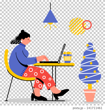 カフェでPC作業をする若い女性のポップでカラフルなイラスト カフェでPC作業をする若い女性のポップでカラフルなイラスト 141711461