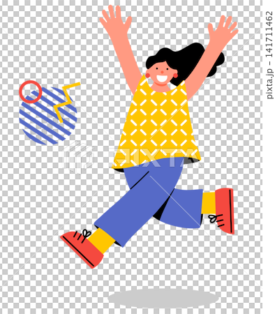 一幅色彩鮮豔的流行插畫,描繪了一位年輕女子歡呼雀躍的場景 一幅色彩鮮豔的流行插畫,描繪了一位年輕女子歡呼雀躍的場景 141711462
