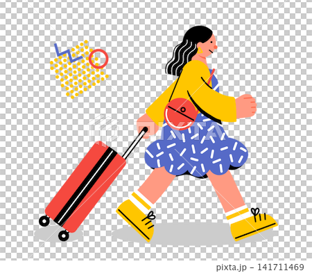 スーツケースを引きながら歩く若い女性のポップでカラフルなイラスト スーツケースを引きながら歩く若い女性のポップでカラフルなイラスト 141711469