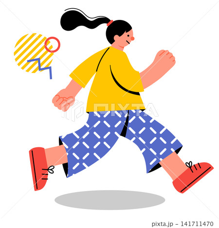 元気に走る若い女性のポップでカラフルなイラスト 元気に走る若い女性のポップでカラフルなイラスト 141711470